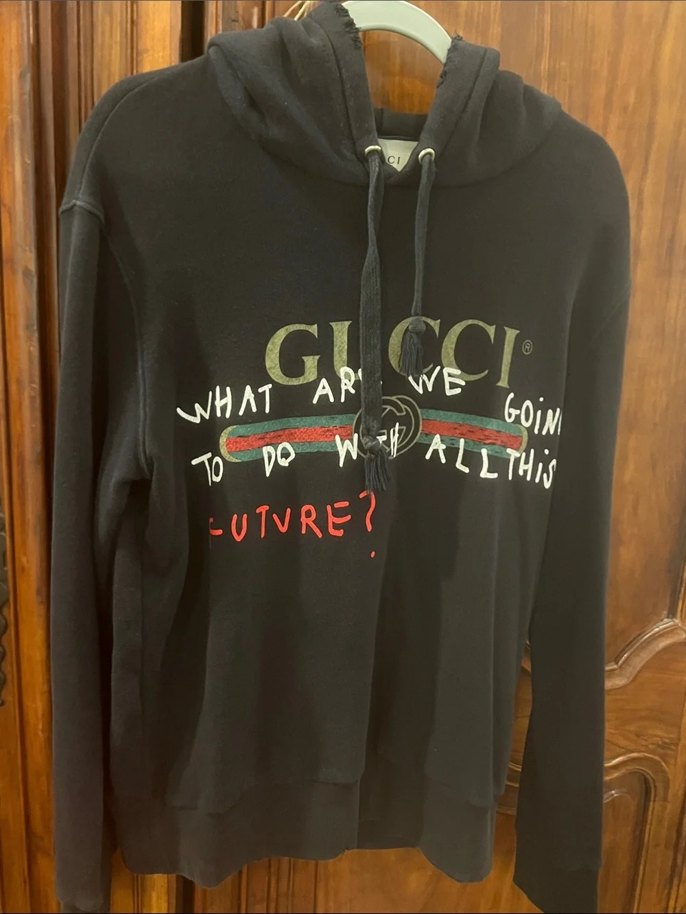 Gucci Black Hoodie with Green & Red Stripe and White Script
